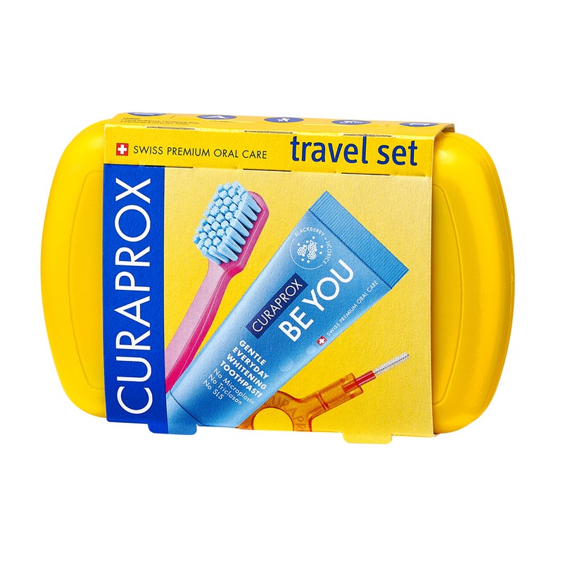 CURAPROX Travel Set Yellow I Includes CS 5460 Travel Toothbrush, 10ml Be You Toothpaste, CPS Prime 07 & 09 Interdental Brushes I Compact Oral Care Kit for On-the-Go - Image 1